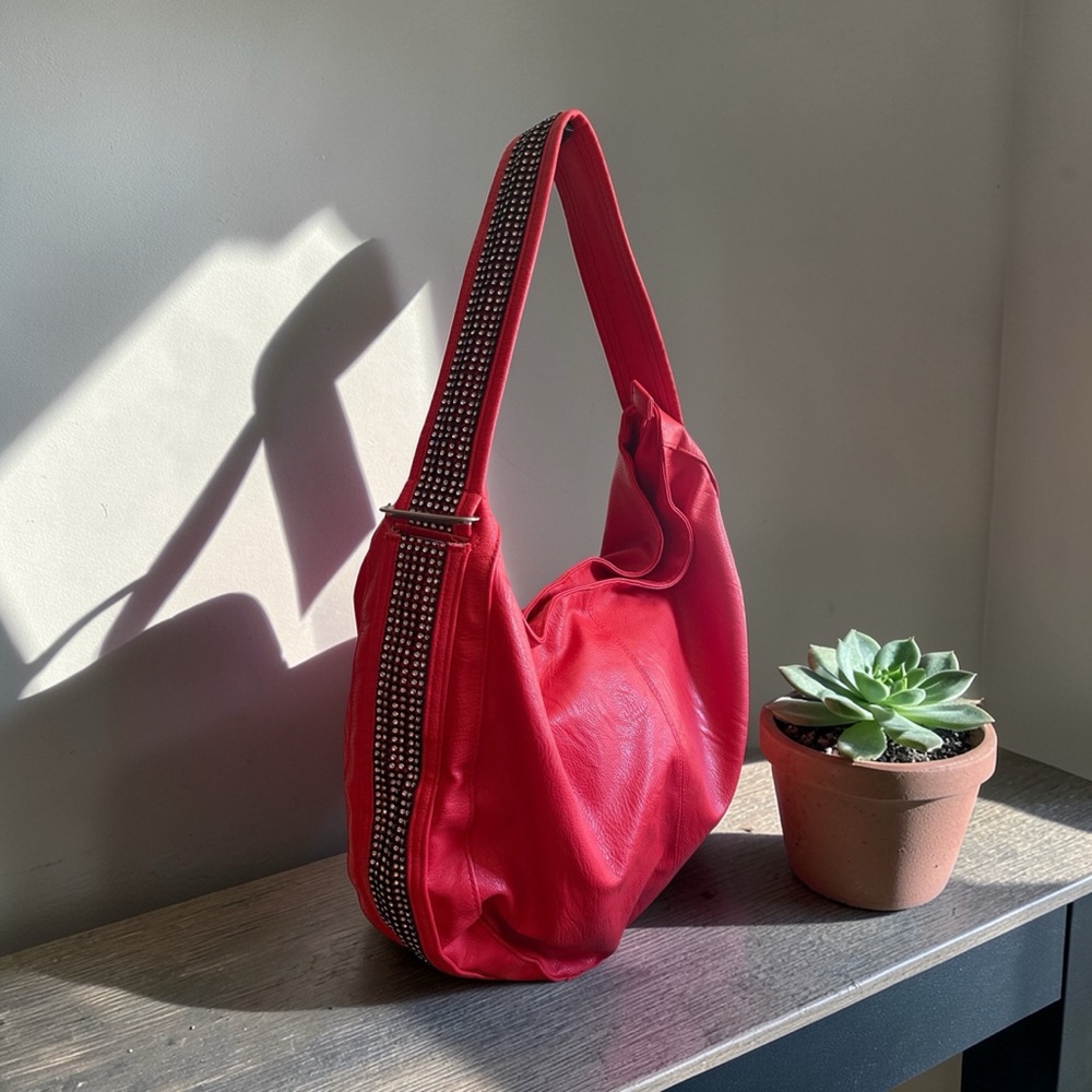 Red Shoulder Hobo Style Bag with Blingy Strap